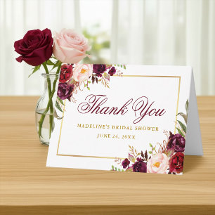 Elegant Burgundy Floral Gold Bridal Shower Note Thank You Card