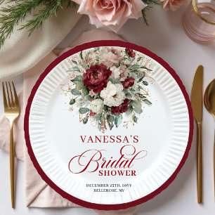 Elegant Burgundy Floral Gold Bridal Shower Paper  Plate