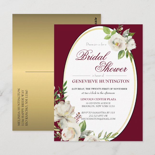 Elegant Burgundy Floral Gold Bridal Shower Postcard (Front/Back)