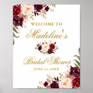 Elegant Burgundy Floral Gold Bridal Shower Poster