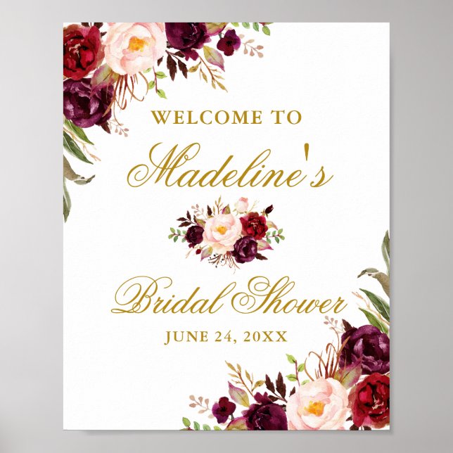 Elegant Burgundy Floral Gold Bridal Shower Poster (Front)