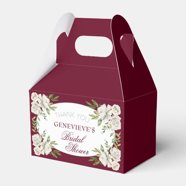 Elegant Burgundy Floral Gold Bridal Shower Welcome Favour Box (Front Side)