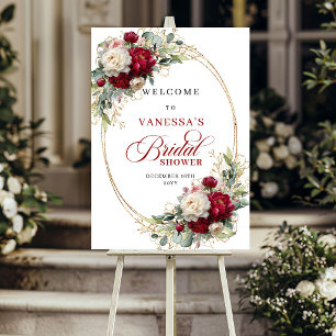 Elegant Burgundy Floral Gold Bridal Shower Welcome Poster