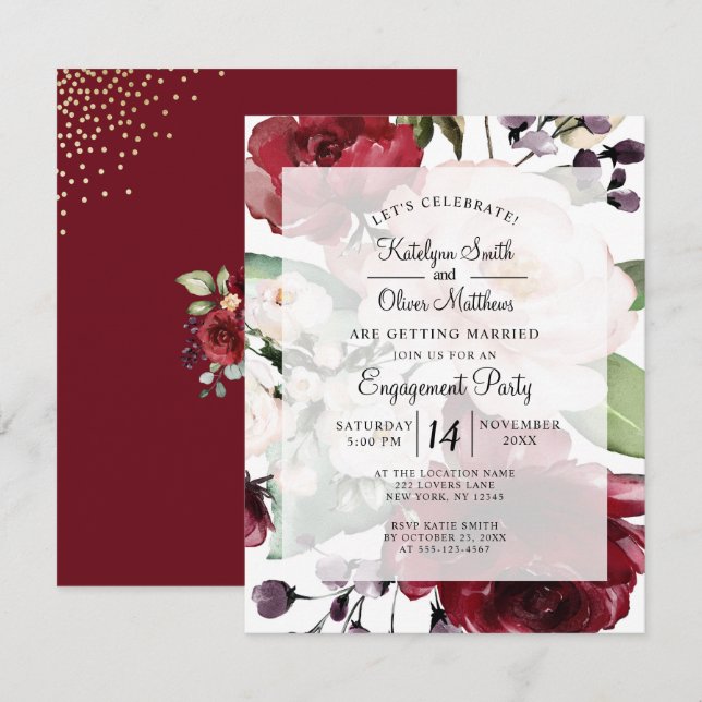 Elegant Burgundy Floral Gold Foil Engagement Party Invitation (Front/Back)