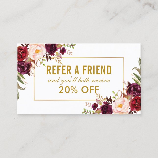Elegant Burgundy Floral Gold Frame Referral Business Card (Front)