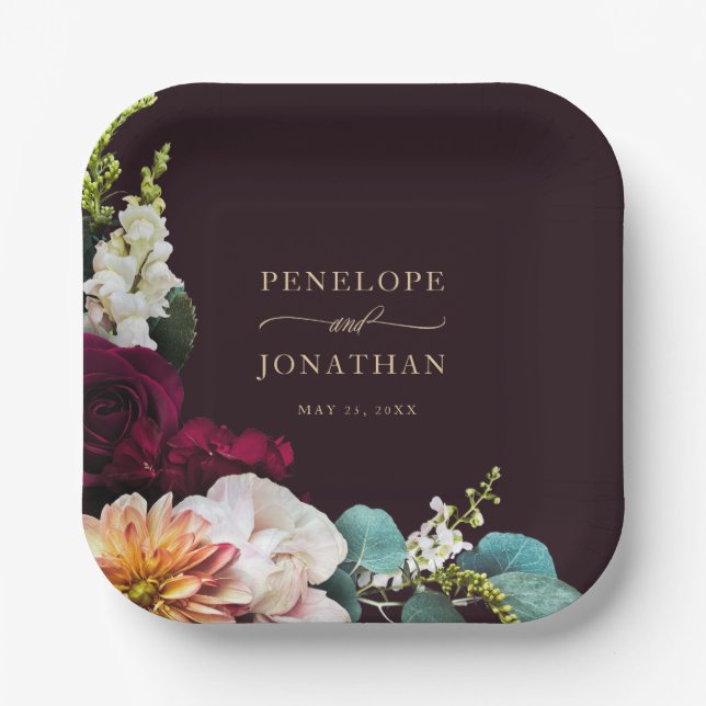 Elegant Burgundy Floral Gold Monogram Wedding Paper Plate (Front)
