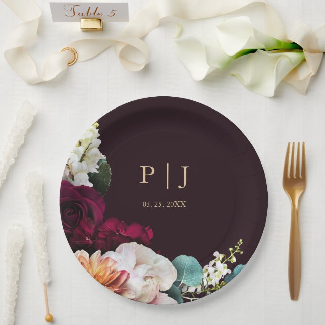 Elegant Burgundy Floral Gold Monogram Wedding Paper Plate (Wedding)
