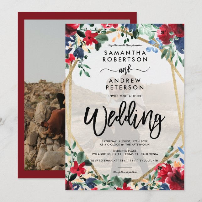 Elegant burgundy floral gold photo script wedding  invitation (Front/Back)