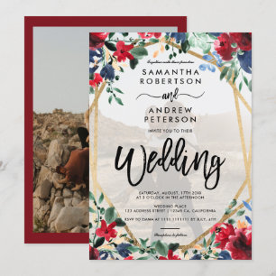 Elegant burgundy floral gold photo script wedding  invitation