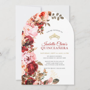 Elegant Burgundy Floral Gold Quinceanera Invitation
