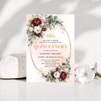 Elegant Burgundy Floral Gold Quinceañera Invite