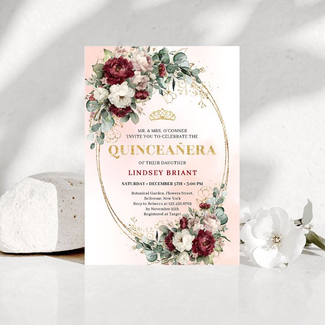 Elegant Burgundy Floral Gold Quinceañera Invite (Elegant Burgundy Floral Gold Quinceañera Invite)