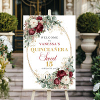 Elegant Burgundy Floral Gold Quinceanera Welcome