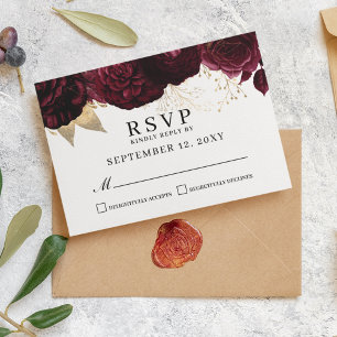 Elegant Burgundy Floral Gold RSVP Response Card