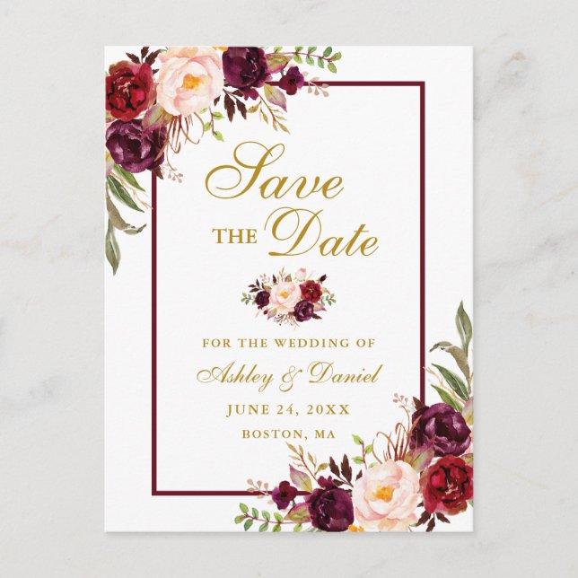 Elegant Burgundy Floral Gold Save the Date Announcement Postcard (Front)