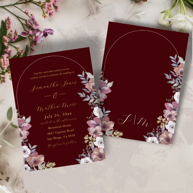 Elegant Burgundy Floral Gold Script Wedding (Creator Uploaded)