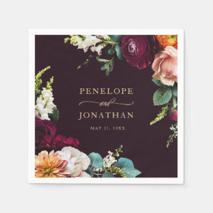 Elegant Burgundy Floral Gold Script Wedding Napkin