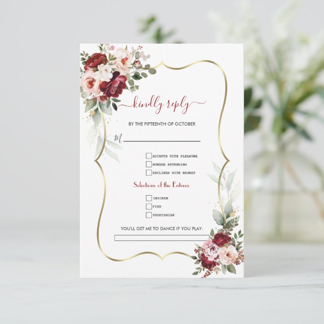 Elegant Burgundy Floral Gold Song Request Wedding  RSVP Card (Standing Front)