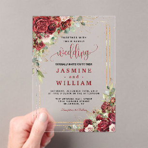 Elegant Burgundy Floral  Gold  Wedding Acrylic Invitations