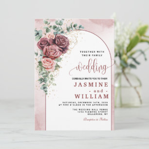 Elegant Burgundy Floral Gold Wedding Invitation