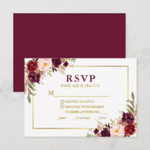 Elegant Burgundy Floral Gold Wedding Meal RSVP Card
