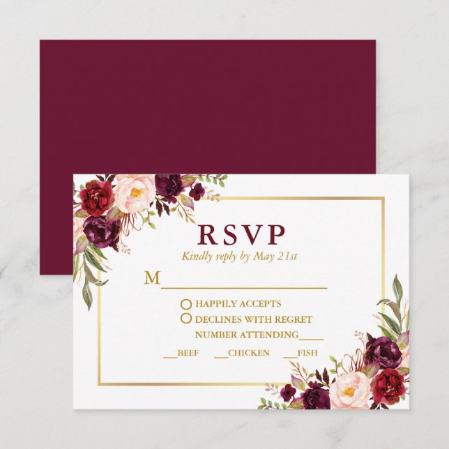 Elegant Burgundy Floral Gold Wedding Meal RSVP Card (Front/Back)