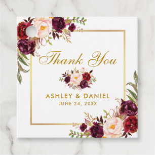Elegant Burgundy Floral Gold Wedding Thank You Favour Tags