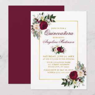 Elegant Burgundy Floral Greenery Gold Quinceanera Invitation