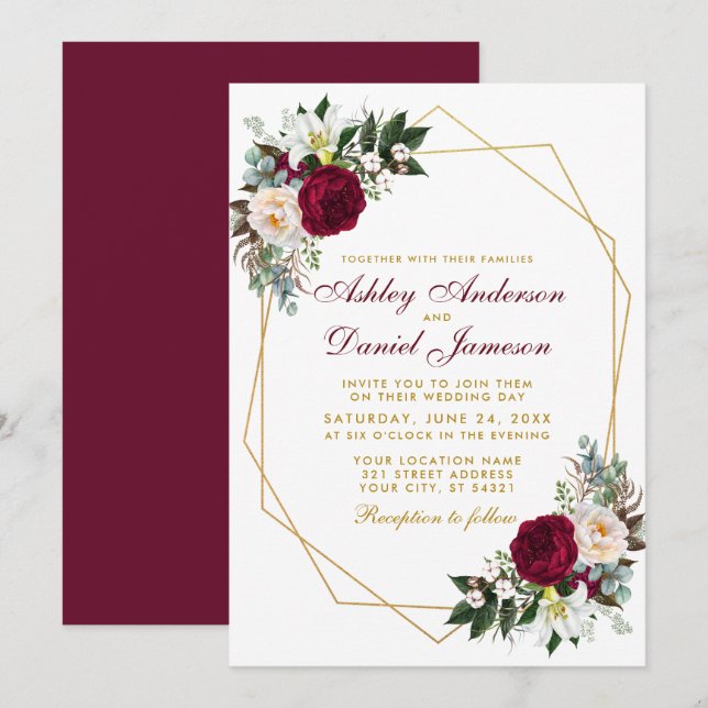 Elegant Burgundy Floral Greenery Gold Wedding Invitation (Front/Back)
