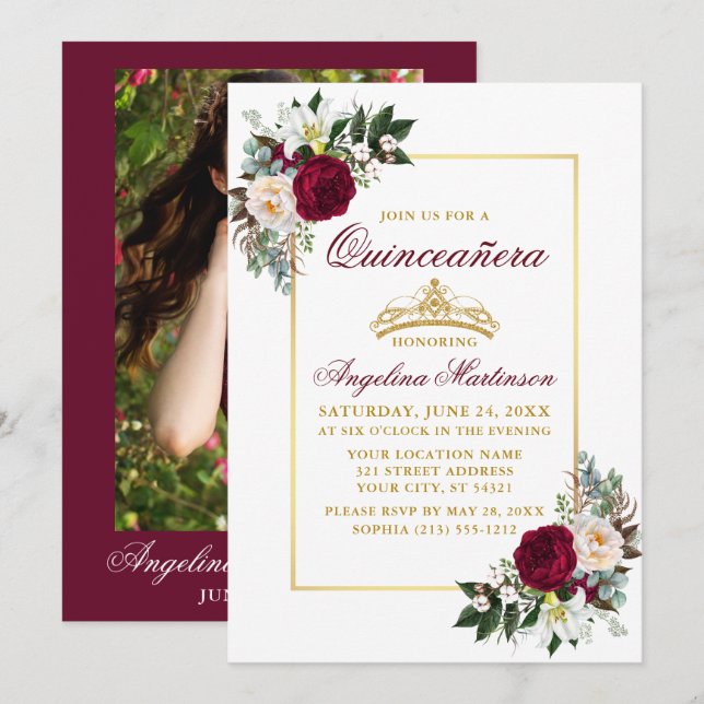 Elegant Burgundy Floral Greenery Photo Quinceanera Invitation (Front/Back)