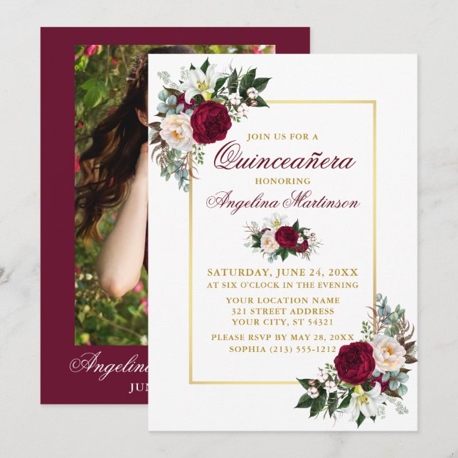 Elegant Burgundy Floral Greenery Quinceanera Photo Invitation (Front/Back)