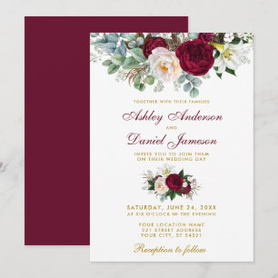 Elegant Burgundy Floral Greenery Wedding Gold Invitation