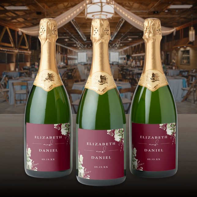 Elegant Burgundy Floral Greenery Wedding Sparkling Wine Label (Elegant Burgundy Floral Greenery Wedding Sparkling Wine Label)