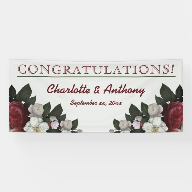 Elegant Burgundy Floral - Hanging Wedding Banner (Horizontal)