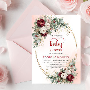 Elegant Burgundy Floral Heart-Shaped Font Baby  Invitation