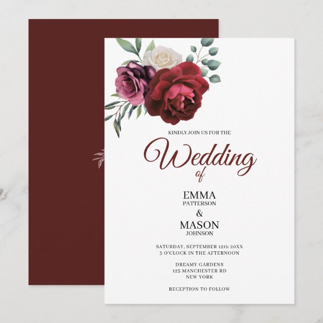 Elegant Burgundy Floral Invitation (Front/Back)