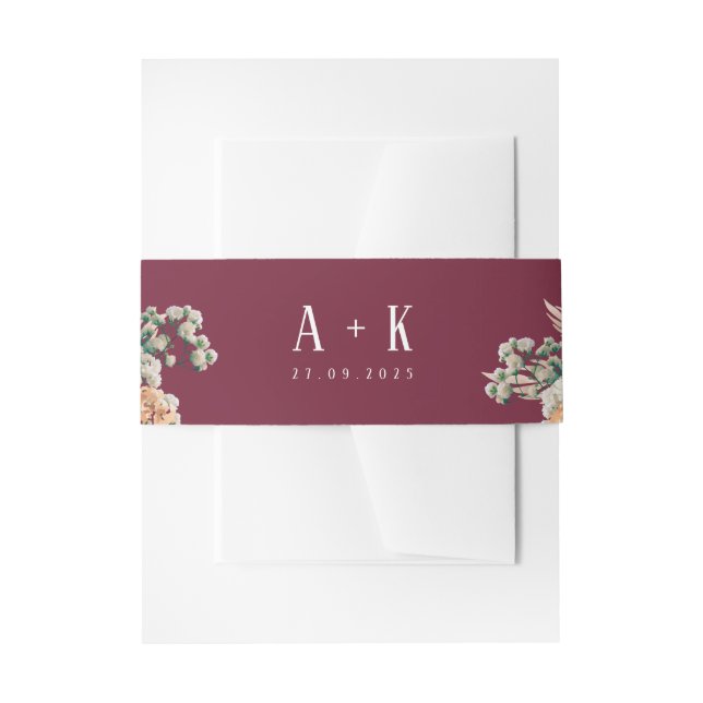 Elegant burgundy floral  invitation belly band (Front Example)