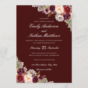 Elegant Burgundy Floral Lace Wedding Invitation