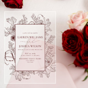 Elegant Burgundy Floral Line Art Wedding Acrylic Invitations