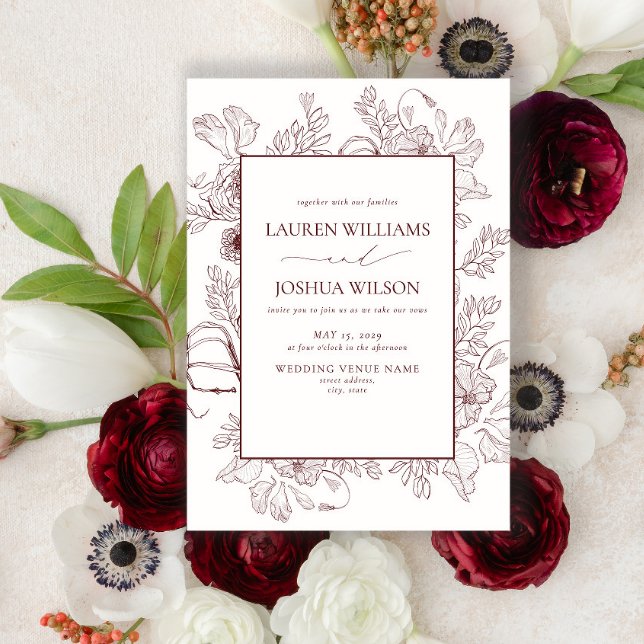 Elegant Burgundy Floral Line Art Wedding  Invitation (Creator Uploaded)