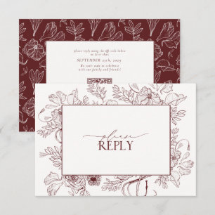 Elegant Burgundy Floral Line Art Wedding QR Code RSVP Card