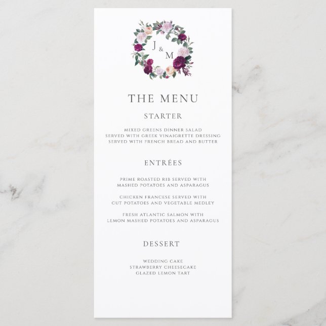 Elegant burgundy floral modern script menu card (Front)
