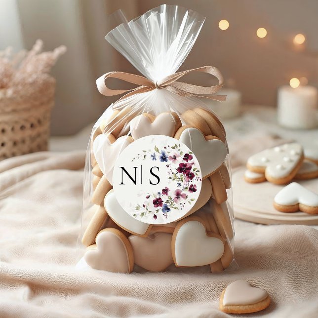 Elegant Burgundy Floral Monogram Initial Wedding Classic Round Sticker (Creator Uploaded)