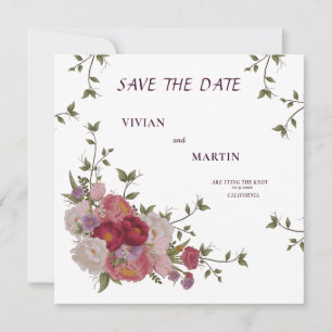 Elegant Burgundy Floral Monogram Save The Date Invitation