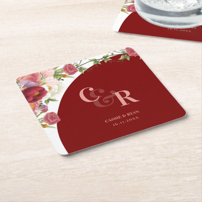 Elegant Burgundy Floral Monogram Wedding Party Square Paper Coaster (Angled)
