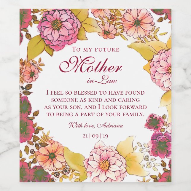 Elegant Burgundy Floral Mother in Law Wedding Gift Wine Label (Single Label)