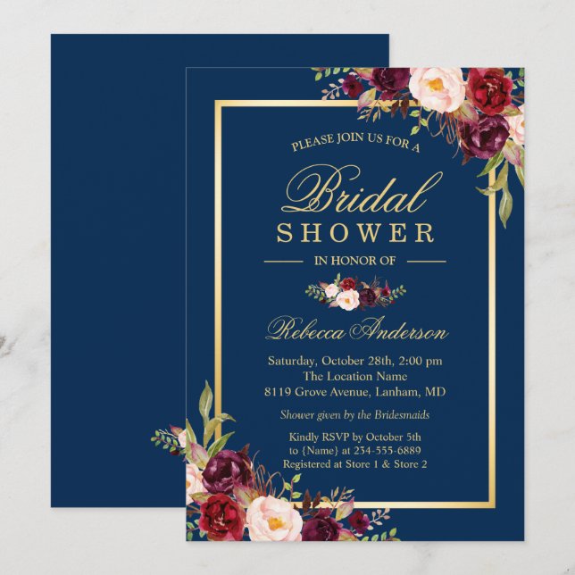 Elegant Burgundy Floral Navy Blue Bridal Shower Invitation (Front/Back)