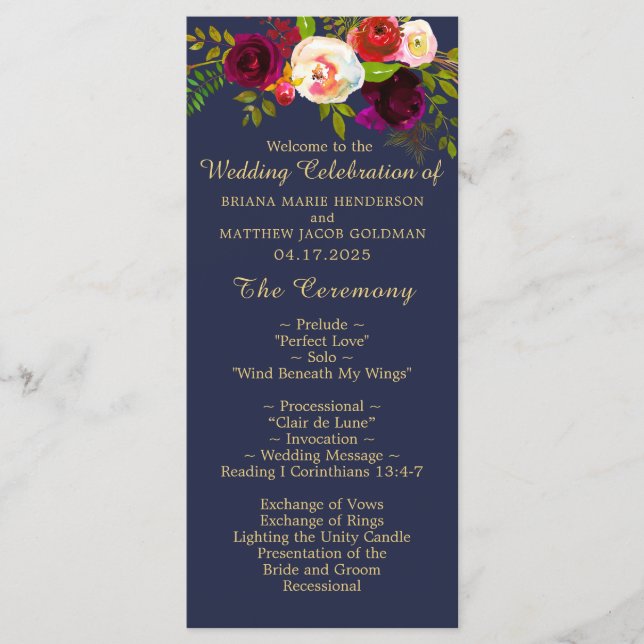 Elegant Burgundy Floral Navy Blue Gold Wedding Programme (Front)