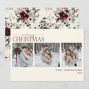 Elegant Burgundy Floral Newlywed Christmas Photo Holiday Card