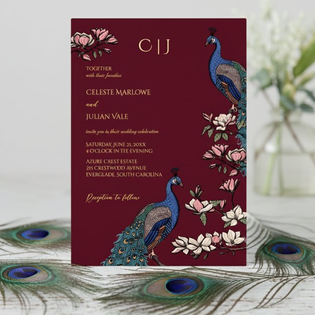 Elegant Burgundy Floral Peacock Wedding (Elegant Burgundy Wedding Invitations. Trendy Floral Blue Peacock, Teal Feathers, Magnolia Flowers)